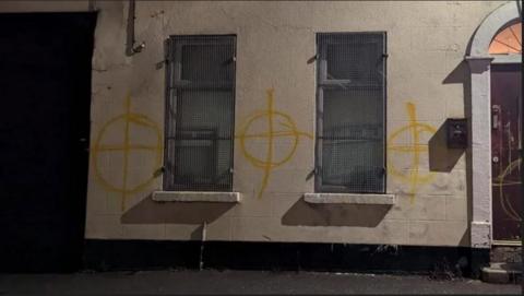 Graffiti showing target signs painted on the walls of the building