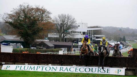 Jockeys on horses jump over a hedge on a racecourse. A spectator building is seen in the background. A sign under the hurdle reads Plumpton Racecourse.