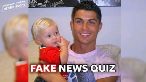Deepfake image of Cristiano Ronaldo with a fake baby version of Erling Haaland.