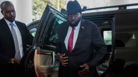 South Sudan President, Salva Kiir arrives at Uganda's statehouse in Entebbe on July 7, 2018