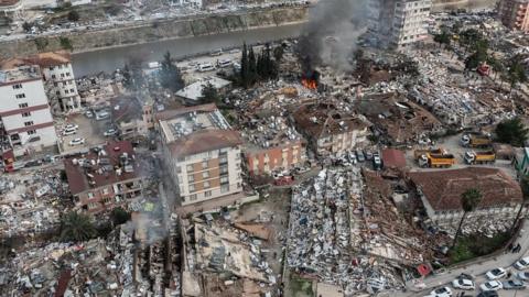 Arial shot of damaged buildings in Turkey following an earthquake