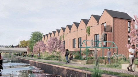 A computer-generated image showing homes on the right and in the middle along with some people on a path near a canal, which is on the left. A bridge is above it on the left as well.