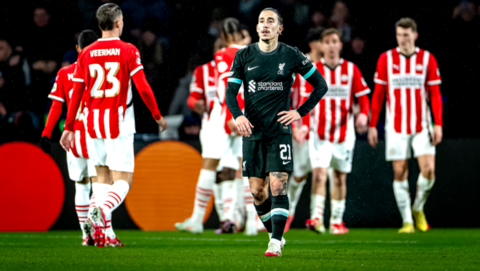 Liverpool's Kostas Tsimikas reacts during the Champions League defeat to PSV Eindhoven