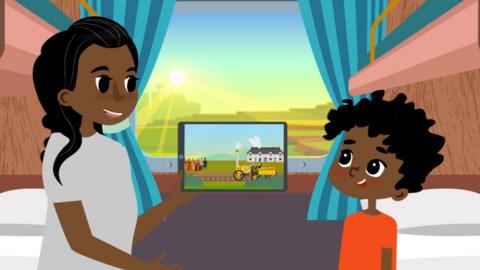 An illustration of a young boy and his aunt sat on a train looking at a tablet screen.