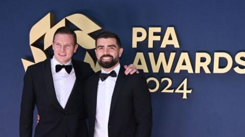 Wrexham striker Paul Mullin and midfielder Elliot Lee pose at the PFA Awards