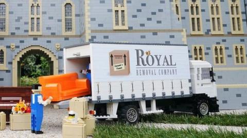 Lego Windsor castle and models of the Duke and Duchess moving house