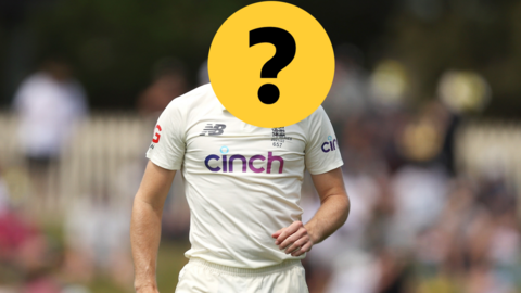 An England bowler who has his face hidden by a question mark