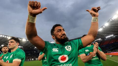 Bundee Aki signals to the Ireland fans after the country's 34-20 Six Nations win over Italy in Rome