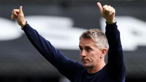 Kieran McKenna acknowledges the Ipswich fans after Liverpool's 2-0 Premier League win at Portman Road