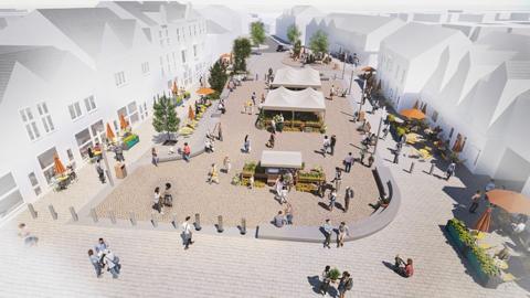 Artist impression of the new square. It has grey paving stones with a central area protected by bollards with market stalls surrounded by built-in seating. On both sides are tables with umbrellas outside cafes.
