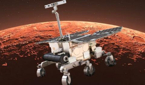 Illustraition of a Mars rover hovering over Mars