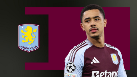 Jacob Ramsey in front of a claret background with an Aston Villa crest on the left