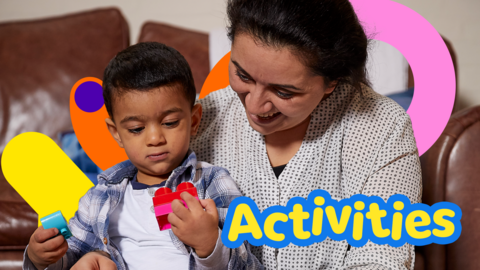 A woman smiles while her child plays with blocks. The word 'Activities' is overlayed.