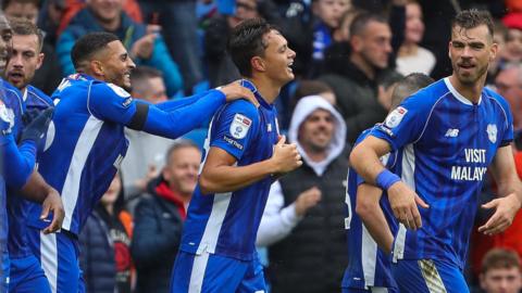 Perry Ng of Cardiff City celebrates his goal