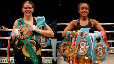 A side-by-side photo of Savannah Marshall and Natasha Jonas posing with their belts after winning world titles on Saturday