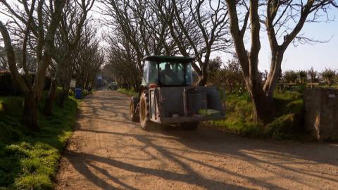Sark road with two tractors on it