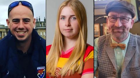A composite of Martyn Sadler, wearing a rugby kit and smiling, Jennie Logan, wearing a red and yellow short-sleeve top, and Dave Chester who is wearing a grey flat cap and suit and is holding a pint glass.