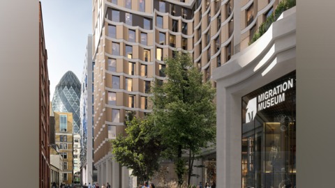 Architectural rendering of a modern, curved multi-storey building in London. The ground-floor entrance has large glass windows with the sign "Migration Museum". Pedestrians sit and walk along a paved plaza with trees, and the Gherkin skyscraper is visible in the background.