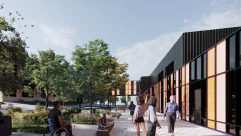 An artist's impression of the new secondary school. A black building on the right with people walking in front of it 

There are trees on the left hand side, alongside benches and a man in a wheelchair. 