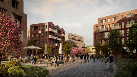 An AI image of a plaza in front of several buildings with people sitting on chairs. People are walking along a nearby pathway and someone is pushing a bike.