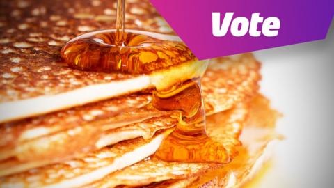 stack of pancakes with syrup pouring on top and text in the corner which reads 'vote'