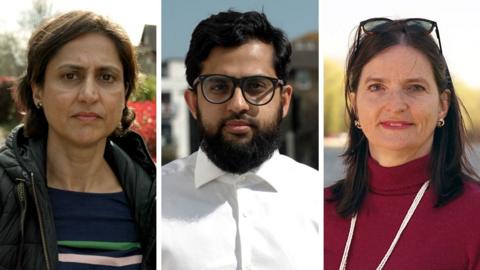 Composite image showing photos of three people: Dr Gurpreet Khaira, a woman with dark hair wearing a black gilet and stood in front of a row of houses; Dr Abdul Farooq, a man with a beard, dark hair and glasses; Dr Susi Caesar, a woman with dark hair, pink lipstick and a pink jumper