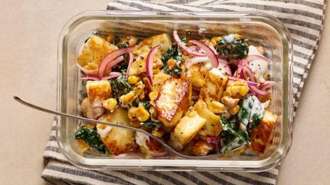 Sticky halloumi, chickpea and sweetcorn salad
