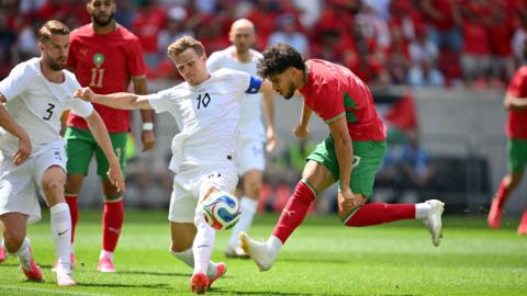 Morocco's midfielder #17 Abde Ezzalzouli shoots on goal during the international friendly football match between Morocco and Norway