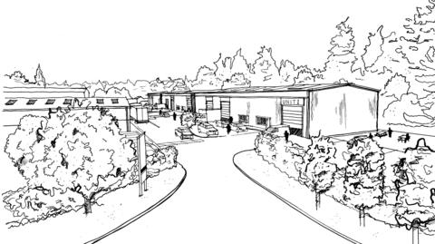 An artist's impression of a industrial-style site with large warehouses and buildings that could be developed. 