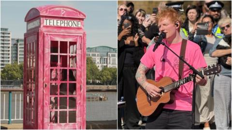 Collage of one of Ed-Sheeran's pink phone boxes and Ed himself playing to a small crowd outside, wearing a pink t-shirt