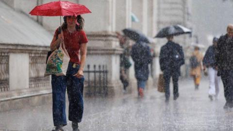 A person walks with an umbrella during heavy rain.