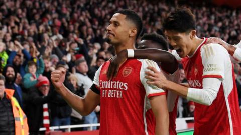 William Saliba celebrates scoring for Arsenal against Burnley in the Premier League