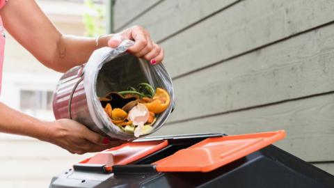 A silver small caddy containing food waste including orange peel and egg shells is being tipped into a black and orange bin.