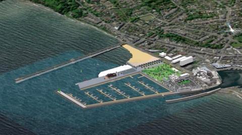 Artists sketch of proposed plans for South Beach. A long breakwater stretches out to the water, whilst it's 400-berth yacht marina and residential area sits to the right.