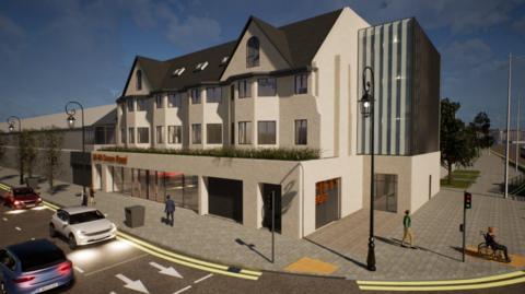 A CGI of how the student accommodation would have looked. The building is white and a has several windows on each floor. A retail unit remains on the ground floor.