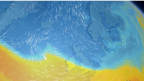 Cold airmass from the Arctic sweeping across UK 