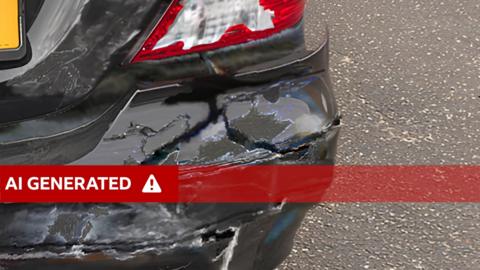 An AI-generated image of a smashed up rear car bumper and light