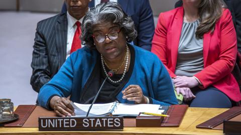 U.S. Ambassador to the United Nations Linda Thomas-Greenfield speaks during a UN Security Council meeting at the United Nations headquarters on March 22, 2024 in New York City