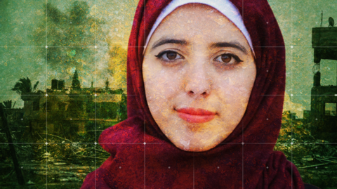 Portrait of Asmaa, a young woman wearing a red headscarf. She has a very slight smile on her face. In the background is an image of war-damaged and destroyed buildings.