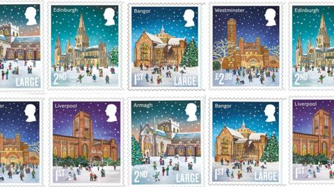 The 2024 Royal Mail Christmas stamps, each with a snowy scene of the cathedral in each city 