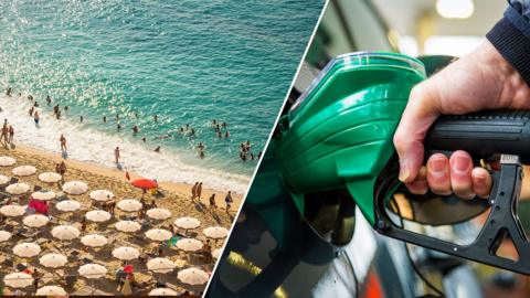 Beach overview and person putting petrol in their car 