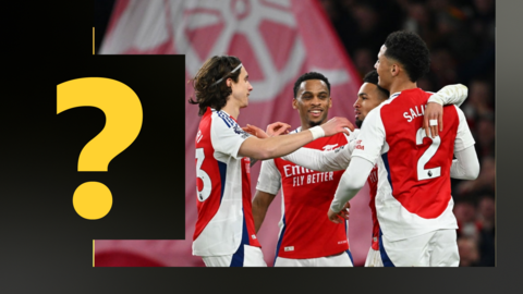 Arsenal players Riccardo Calafiori, Jurrien Timber, Ethan Nwaneri and William Saliba celebrate after beating  Manchester City