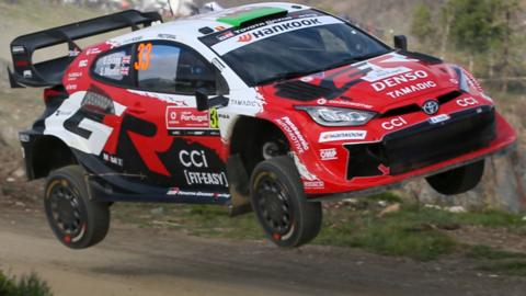 Elfyn Evans Toyota Yaris takes to the air at Rally de Portugal
