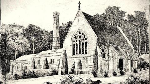 A black and white drawing of a crematorium