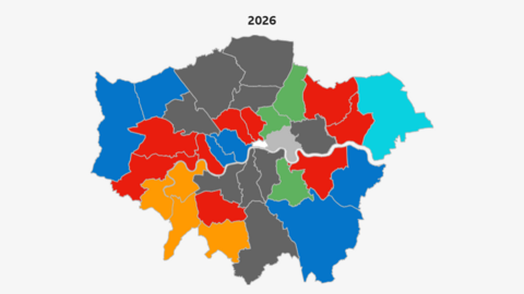 A map of London with boroughs represented in red, blue, turquoise, blue and grey.