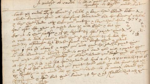 A long diary entry from the 1590s written in elaborate cursive script describing a card trick