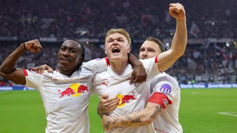 RB Leipzig players celebrate one of their goals against Eintracht Frankfurt last week