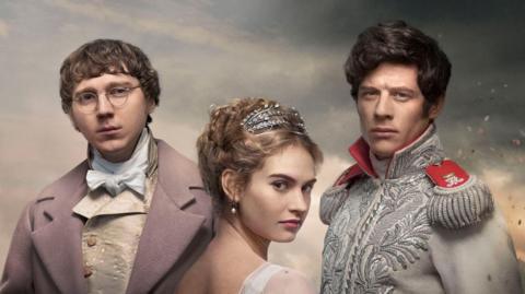 Paul Dano as Pierre Bezukhov, Lily James as Natasha Rostov and James Norton as Prince Andrei in the BBC adaptation of War & Peace.