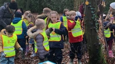 children learning in woods