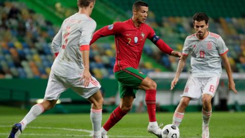 Cristiano Ronaldo dribbles with ball